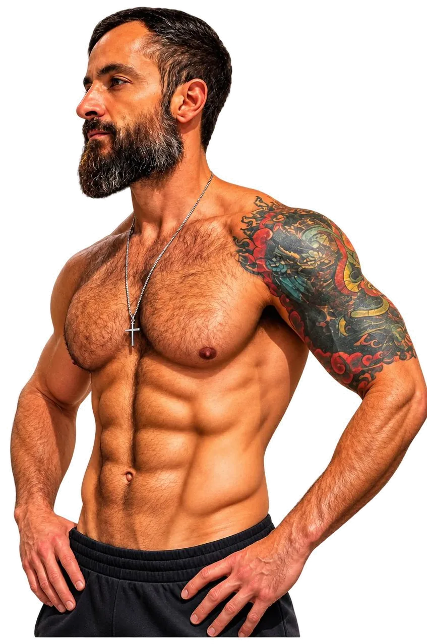 Marcel Rassy, personal trainer, sem camisa e tatuado, em pé com as mãos na cintura