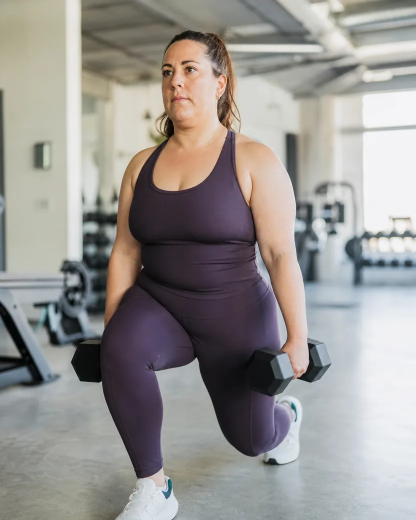 Mulher fazendo avanço (lunge) com halteres em academia